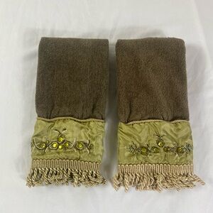 Embellished Brown & Olive Decorative Hand Towels - Luxury Accent Pair Jeweled